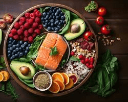 plate filled with colorful fruits, vegetables, and lean protein